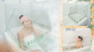 簡単！バスタブの上につけるだけ。ビニールハウス型のサウナドーム