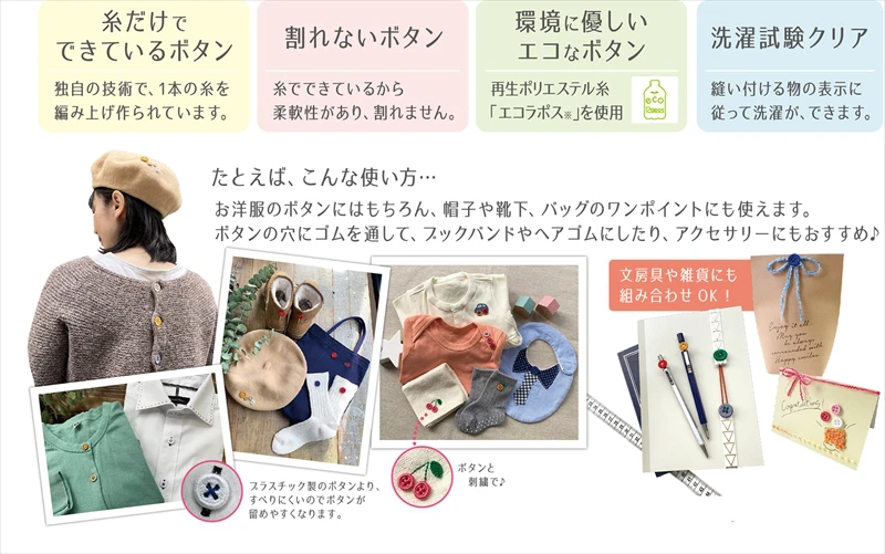 1本の再生ポリエステル糸だけでできたエコなボタン「糸ボタン」