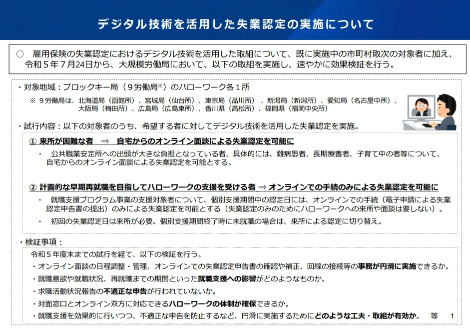 デジタル技術を活用した来所不要の失業認定。全国９所のハローワークで実施