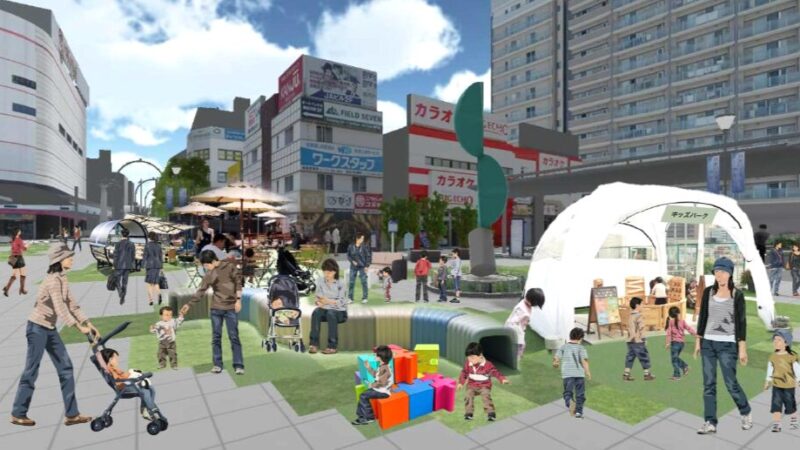 JR加古川駅南広場に、人工芝とストリートファニチャーが期間限定で登場