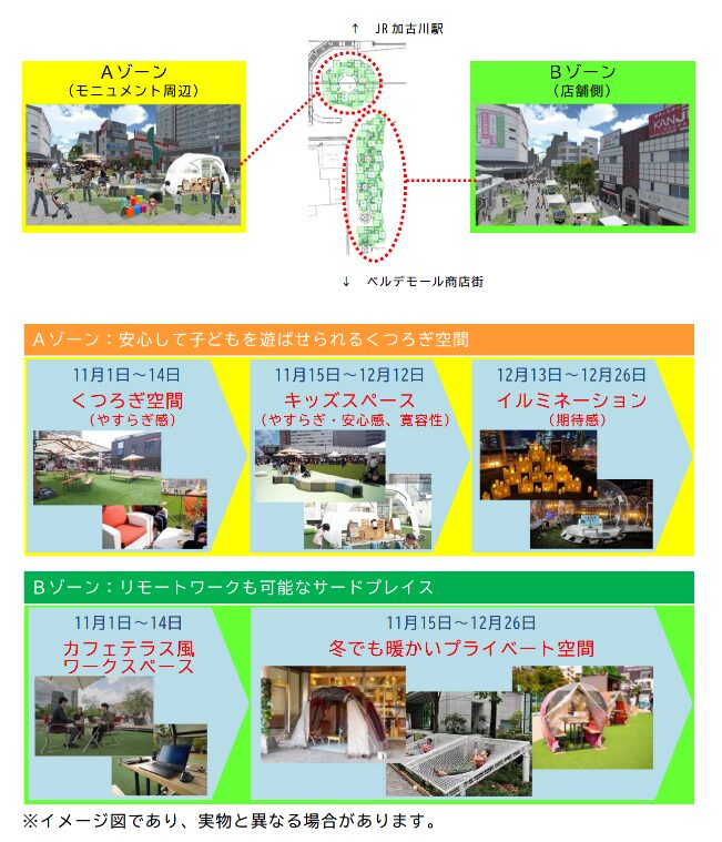 JR加古川駅南広場に、人工芝とストリートファニチャーが期間限定で登場