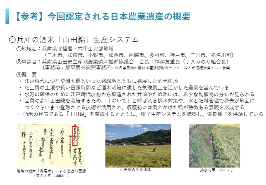 兵庫の酒米「山田錦」生産システムが日本農業遺産に認定