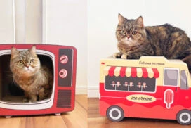 【猫グッズ】お部屋に飾っても可愛い！レトロテレビ＆アイスクリームワゴンの爪とぎがコメリに新登場