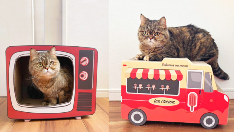 【猫グッズ】お部屋に飾っても可愛い！レトロテレビ＆アイスクリームワゴンの爪とぎがコメリに新登場