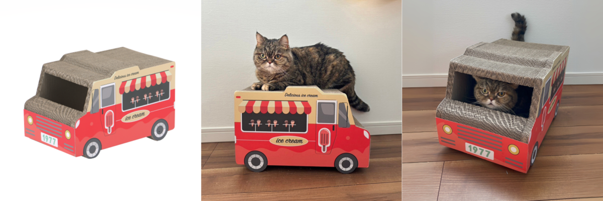 【猫グッズ】お部屋に飾っても可愛い！レトロテレビ＆アイスクリームワゴンの爪とぎがコメリに新登場