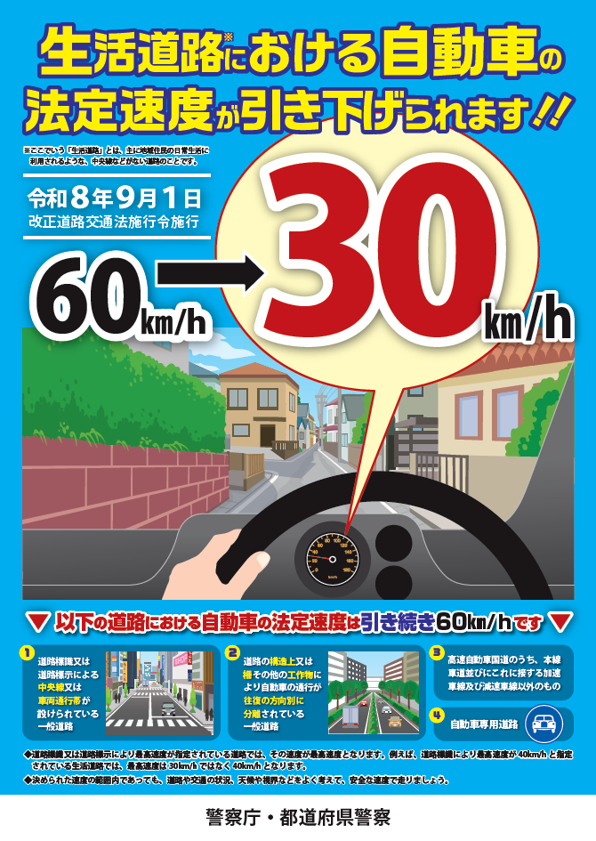 令和8年9月1日から生活道路の法定速度が30km/hに引き下げられます