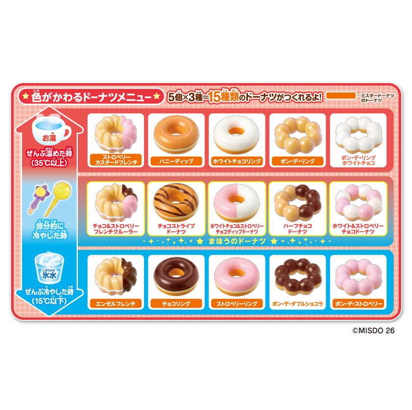 お湯と氷水で色がかわる不思議なおもちゃ。「かえちゃOh!!まほうのミスタードーナツ」が発売。