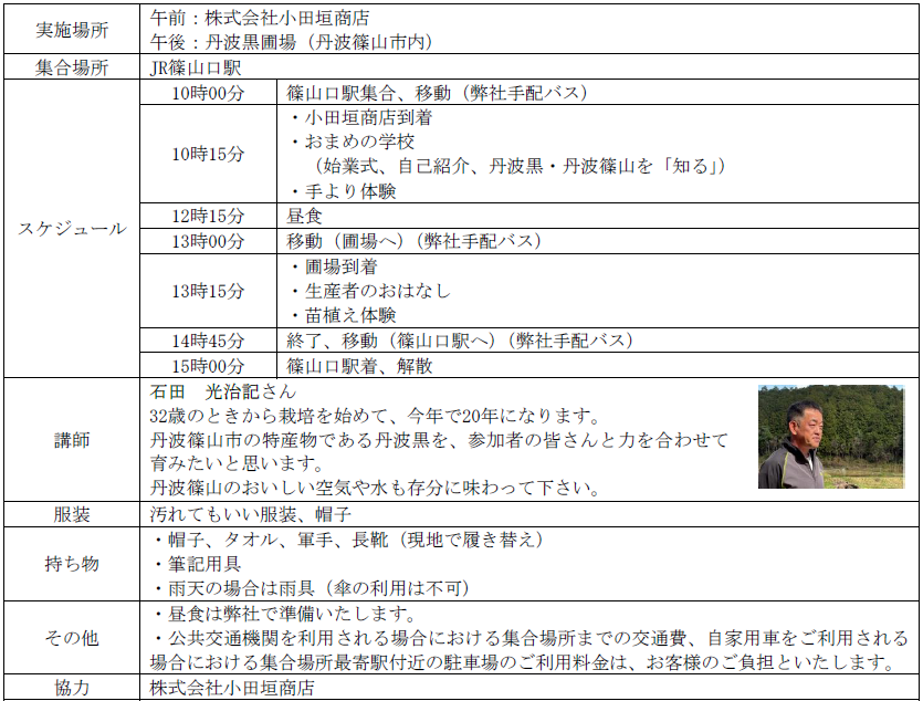 丹波黒を育てて、収穫して、味わおう！「丹波黒育成体験プログラム」に親子等ペアをご招待