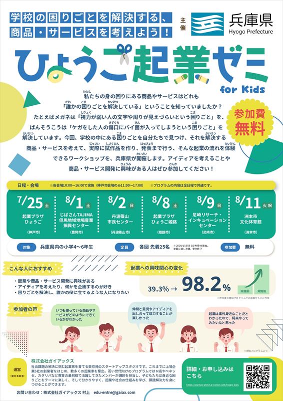 ガイアックスが兵庫県と連携し、小学生を対象とした起業体験ワークショップを県内6会場で開催